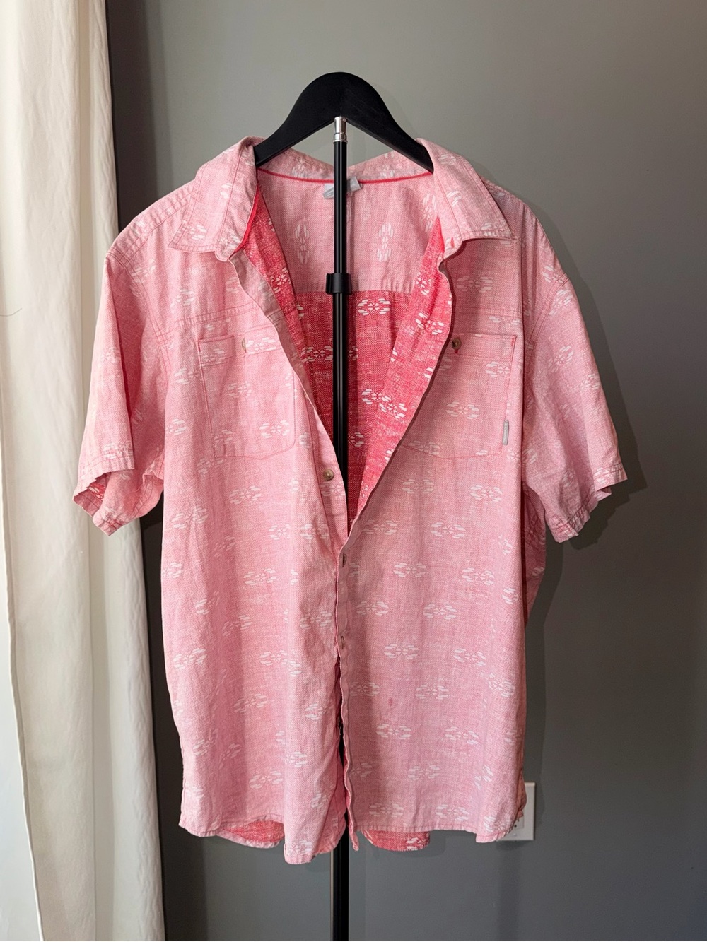 Columbia Geometric Summer Beach Cotton Button-Up Shirt Pink Short Sleeve Men XXL